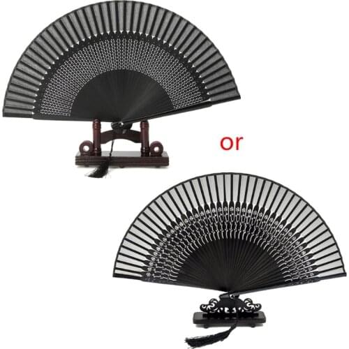 Elegant Carved Hand Held Folding Fans Bamboo Wood Silk Folding Fans For Events Dropship