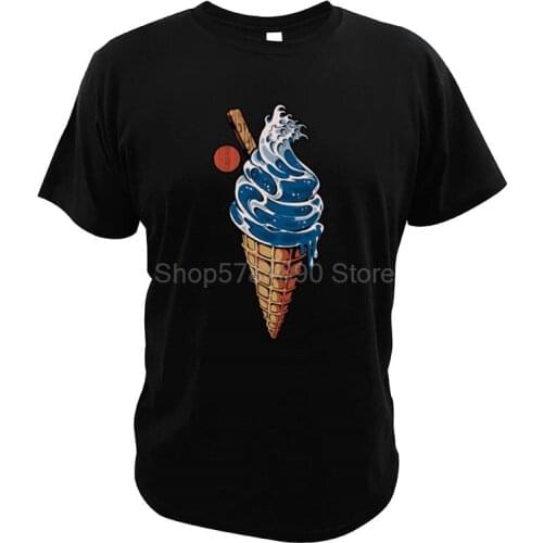 Great Ice Cream T-Shirt Japanese Culture Parody Great Wave off Kanagawa Ice Cream Cone Eating Foods Digital Print Tees