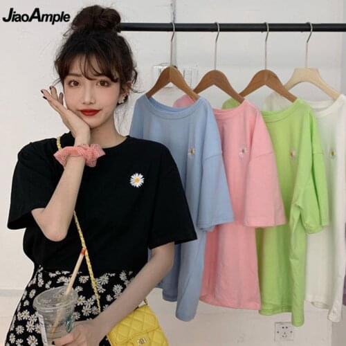 Daisy Embroidery Short Sleeve T-shirt for Women Korean Sweet Girls Flower Loose Leisure Tops Ins Fashion Simple Joker Clothings