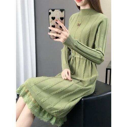 Lace Knit Bottoming Shirt Dress Women Autumn and Winter 2019 New Long Paragraph Fashion Lace Up Sweater Dress Vestido f2339
