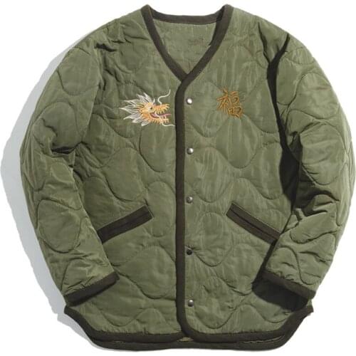 Fashion Mens Short Cotton Liner Cotton-padded Coat Warm Animal Embroidery Autumn Winter Wear Army Green L8