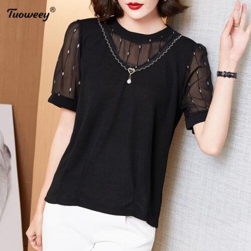 2021 New Summer style Middle Aaged Women Korean Chiffon O-Neck patchwork Tops Female pullover Fashion Loose Plus Size 5xl Shirt