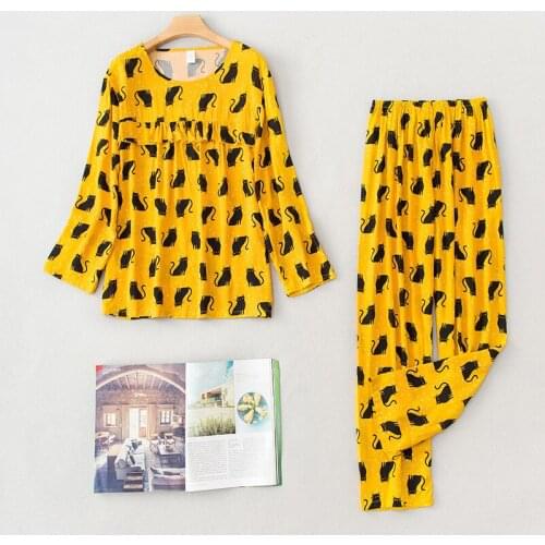 New Satin Pajamas for Women 2Pcs Pajamas Home Wear Clothing Print Floral Cotton Ladies Loose Soft Sleep Nightclothes Pant Sets