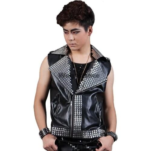 New Men Nightclub Bar Jazz Male Singer Costume DS Stage Slim Rivet Sequin Leather Vest