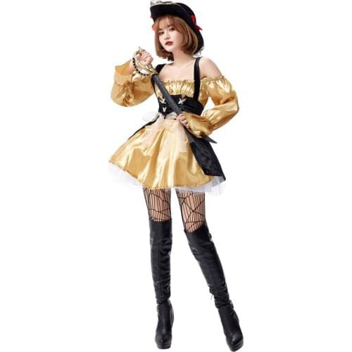 New Gold Color Women Pirates Cosplay Female Halloween Warrior Costumes Carnival Purim Parade Nightclub Bar Role Play Party Dress
