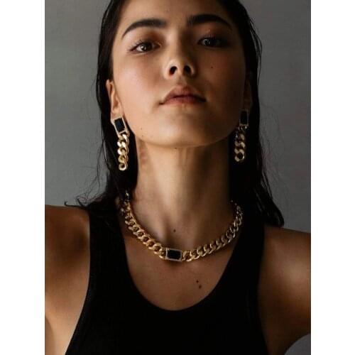Brass With 18K Gold Zircon Black Jade Statement Necklace Women Jewelry Runway Gown Hiphop Rare Glam Japan Korean Fashion