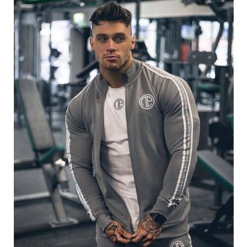 New Spring Fall Muscle Brothers Fitness Coat Mens Zipper Sportswear Tight Standing Collar Long Sleeve Cardigan Training Coat