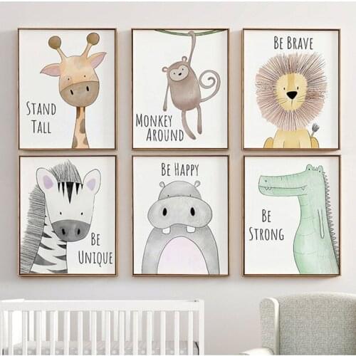 Scandinavian Fashion Nordic Kids Room Cartoon Safari Animals Canvas Printed Posters Pictures Great Gift Canvas Wall Art