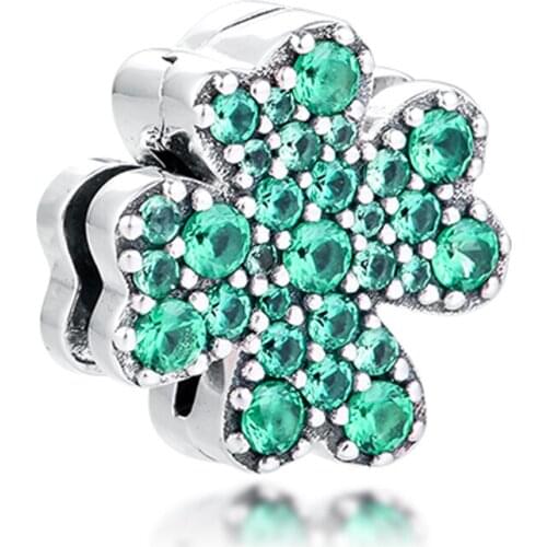 QANDOCCI Charms fits for Necklaces Bracelets Reflexions Pave Four-Leaf Clover Clip Beads 100% 925 Sterling-Silver-Jewelry