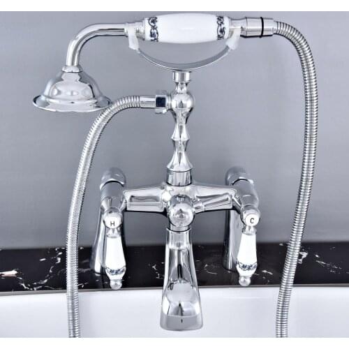 Polished Chrome Deck Mounted Bathroom Tub Faucet Dual Handles Telephone Style Hand Shower Clawfoot Tub Filler atf767