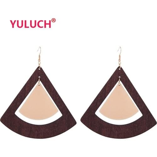 YULUCH Popular Luxury Design Ethnic Wooden Geometric Hollow Hanging Fan-shaped Alloy Piece for Fashion Women Earrings Jewelry