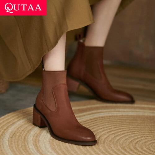 QUTAA 2022 Women Fashion Ankle Boots Round Toe Women Shoes Genuine Leather Slip On Ladies Al Match Motorcycle Boots Size 34-42