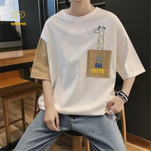 TAVARES Men Short Sleeve All-match Round Neck Shirt Cute Cartoon Summer Casual Cotton Simple T-shirt Color Contrast Loose Clothe