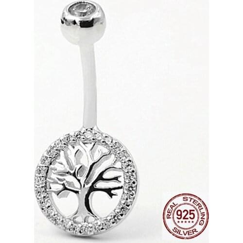 Cz stone pave tree of life belly button ring navel piercing jewelry for women 925 sterling silver hyboallergenic body piercing