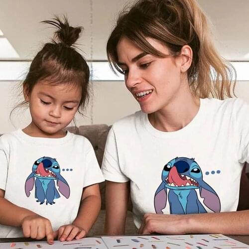 Streetwear Tops Unisex T-shirt Ulzzang Harajuku Disney Stitch Print Kids T Shirt Summer Loose Casual Fun Famliy Look Tshirt