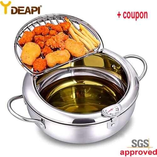 YDEAPI Japanese Deep Frying Pot with a Thermometer and a Lid 304 Stainless Steel Kitchen Tempura Fryer Pan 20 24 cm
