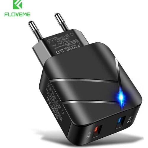 FLOVEME 18W PD QC 3.0 USB Charger EU/US Mobile Phone Fast Charging Adapter LED Travel Wall Phone Charger For iPhone 12 11 Xiaomi