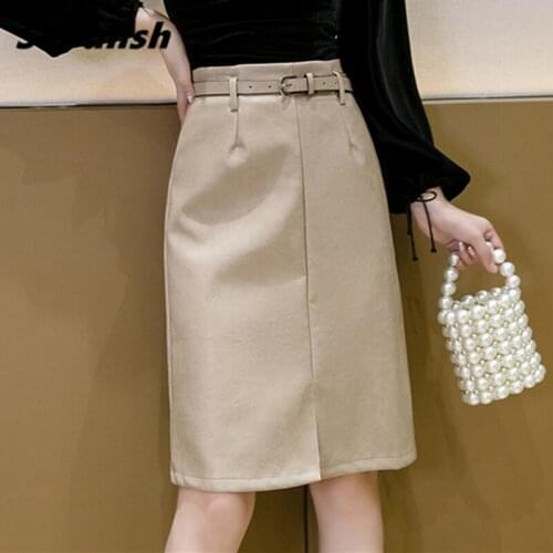 Seoulish Autumn Winter PU Leather Skirts with Belt 2021 New Elegant Midi Skirts High Waist Front Split Sheath Wrap Skirts Female