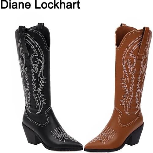 Retro Women Knee High Boots Leather Riding Boots Medieval Western Cowgirl Boot Autumn Winter Pointed Toe Woman Cossacks Boots