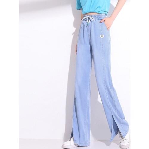 Women Summer Denim Split Trousers Korean Tencel High Waist Wide Leg Jeans Street Simple Slim Straight Denim Pants