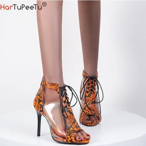 2021 New Summer Women Sexy PU Sandal 10 Cm High Heels Cross-Tied Rome Snakeskin Print Shoes Patchwork Transparent PVC Fish Mouth