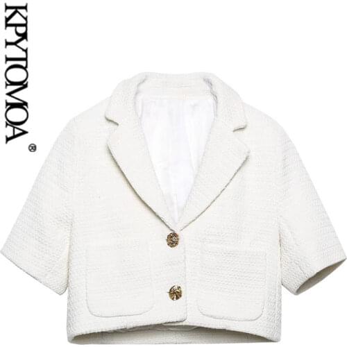 KPYTOMOA Women 2021 Fashion Metal Button Tweed Cropped White Blazer Coat Vintage Short Sleeve Pockets Female Outerwear Chic Tops