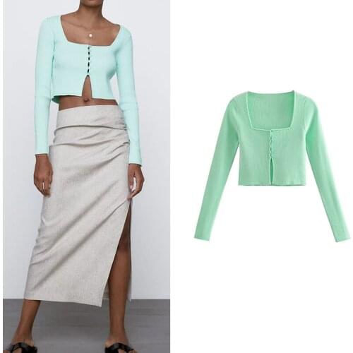 Women Spring Za Chic Knitted Short Cardigans Fashion 2021 Square Collar Long Sleeve Slim Cropped Tops Mujer Sweaters