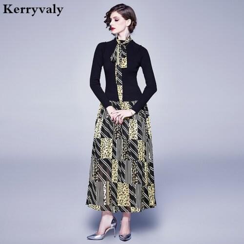 Spring Sweater Stitching Print Long Party Dress Moda Mujer 2021 Women Large Pendulum Long Sleeve Black Shirt Maxi Dress K6307