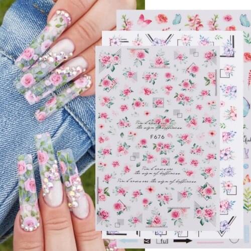 3D Holographic Butterfly Rose Nail Art Manicure Stickers Pink Blue Spring Themed Flower Nail Decals Nail Art Decorations 1pcs