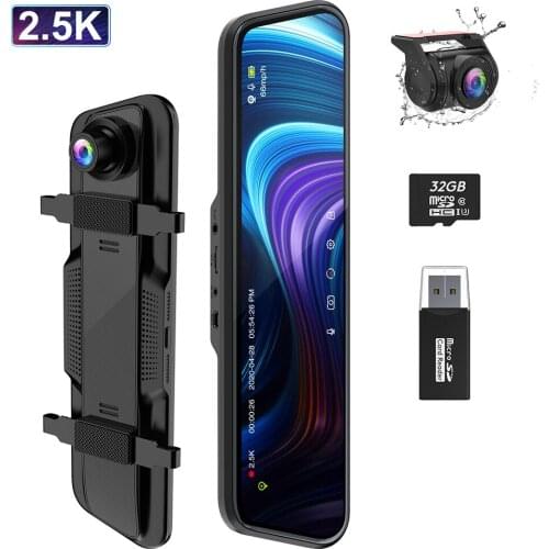 10'' IPS Car Rearvew Mirror Dash Cam 2.5K Car DVR Backup Camera with Full Touch Screen Dual Lens Super Night Vision G-Sensor