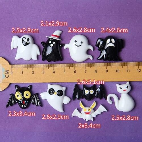 10Pcs Halloween Black White Ghost Cat Bat Fire Party DIY Crafts Decoration Flatback Cabochon for Scrapbooking Hair Bow Center