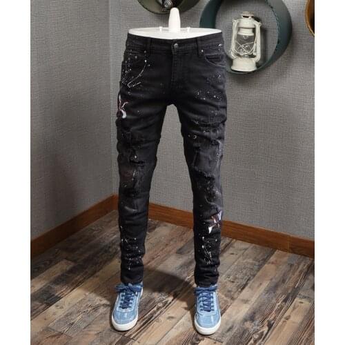 2021 New Fashion Streetwear Black Color Embroidery Ripped Jeans Men Elastic Destroyed Pants Paint Designer Hip Hop Jeans Homme