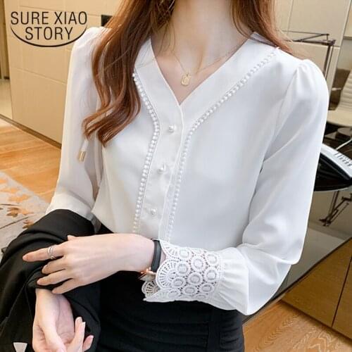 2021 Spring New Chiffon Blouse Shirts Plus Size Loose White Shirt Tops Female Puff Sleeve V-neck Casual Office Lady Tops Chic