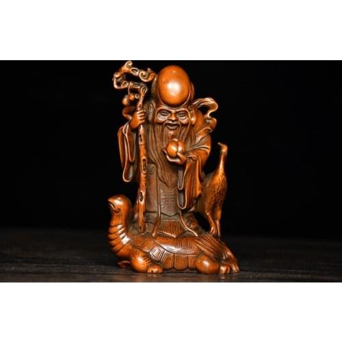 5" China Lucky Seikos Boxwood Birthday star statue God of Longevity Red crowned crane statue Implication longevity