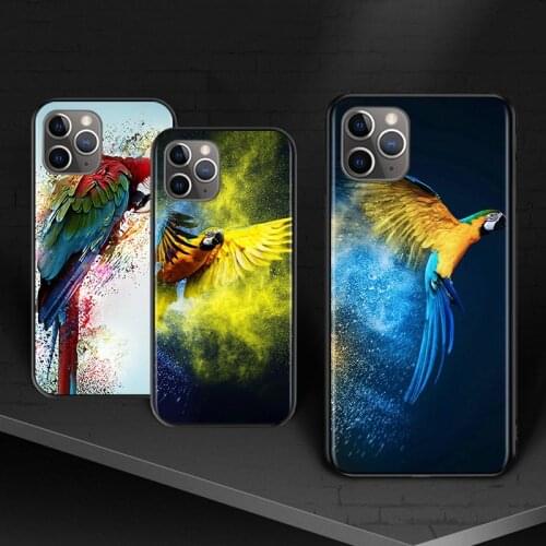 Cute Parrot Birds For iPhone 12 11 XS Pro Max Mini XR X 8 7 6 6S Plus 5 SE 2020 Black Cover Phone Case