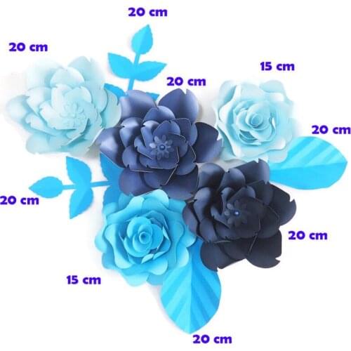 DIY Giant Paper Flowers Artificial Rose Fleurs Artificielles Backdrop 5pcs+ 4 Leave Wedding Party Decor Nursery Blue Series