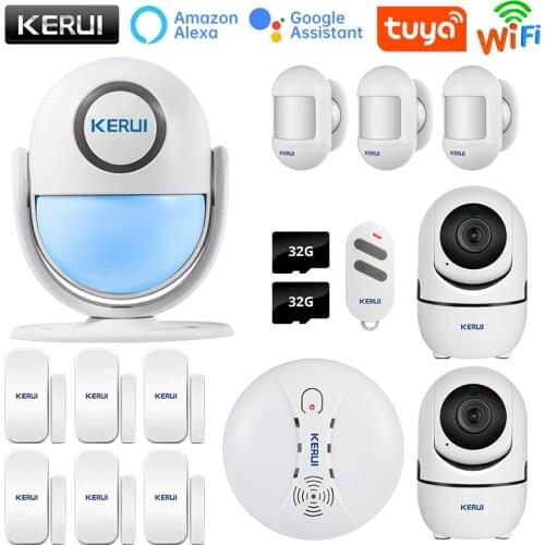 KERUI Tuya WIFI Security Alarm System Smart Home Works With Alexa Motion Smoke Detector Door Sensor Surveillance Camera SD Card