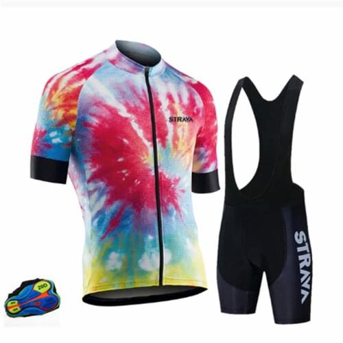 STRAVA Pro Team summer cycling Jersey set Bicycle Clothing Breathable Men Short Sleeve shirt Bike bib shorts 20D Gel pad Jersey