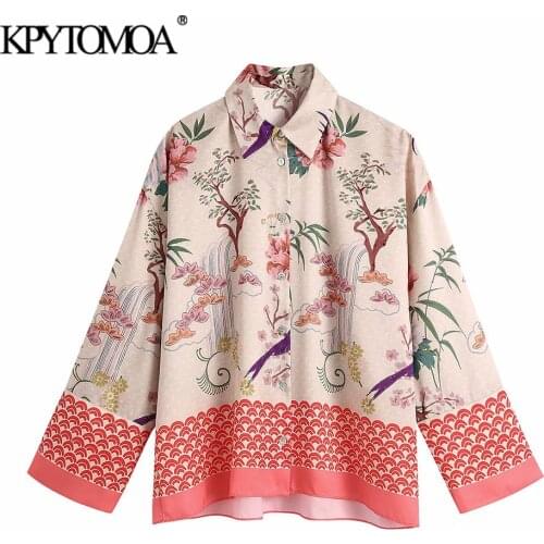 KPYTOMOA Women 2021 Fashion Floral Print Loose Asymmetric Blouses Vintage Long Sleeve Button-up Female Shirts Blusas Chic Tops