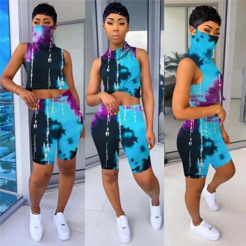 Adogirl Tie Dye Print Summer Two Piece Set Sleeveless Crop Top Shorts Women Tracksuit Fashion Casual Suit