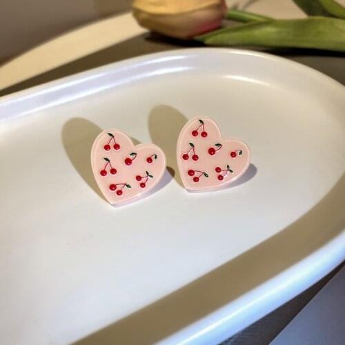 LOVOACC Sweet Red Cherry Printing Resin Earrings for Women Pink Color Love Heart Arcylic Stud Earrings Korean Holiday Jewelry