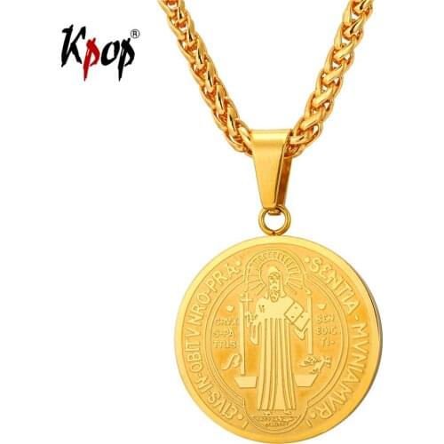 Kpop Saint Benedict Necklaces Round Medal Gold Color Stainless Steel Cross Pendants & Chain Catholicism Jewelry For Men GP1896