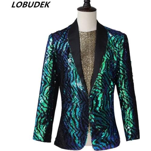 Personality Stripe Green Sequins Blazers Men Banquet Party Performance Formal Tuxedo Blazer Singer Host Magician Stage Costumes