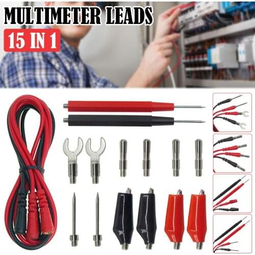 15Pcs Multimeter Test Leads Kit with Replaceable Alligator Clips Banana Plugs Probe Tips 35" Cable