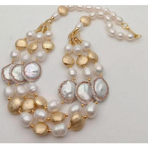 YYGEM 3 Strands Cultured White Rice Freshwater Pearl White Coin Pearl Brushed gold plated beads choker Necklace