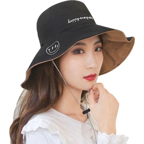 New Wide Brim Double-Sided Bucket Hats With Rope For Women Girls Smile Face Printed Summer Beach Panama Caps Sun Fishermans Hat