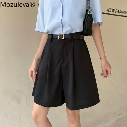 Mozuleva 2021 Elegant Solid Half Shorts High Waist Button Loose Women Shorts Casual Summer Office Ladies Wide Leg Shorts