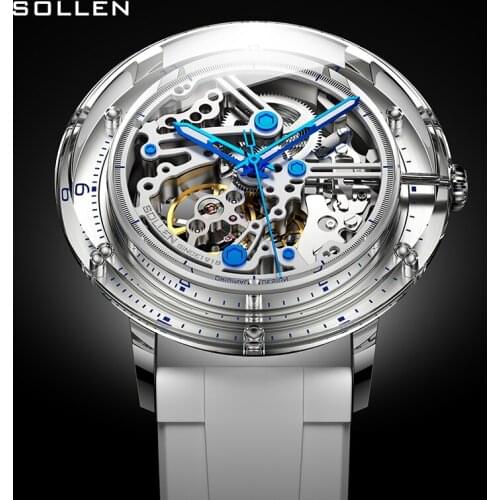 SOLLEN Brand Hot Sale 2021 Skeleton Hollow Men Mechanical Watches Luxury Rubber Srrap Male Automatic Watch New Relogio Masculino