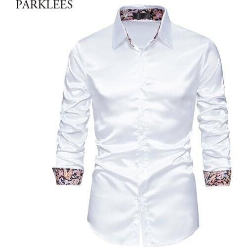 Stylish Paisley Patchwork Silk Satin Shirt Men 2021 New Slim Fit Mens Dress Shirts Wedding Groom Party Prom White Tuxedo Shirt