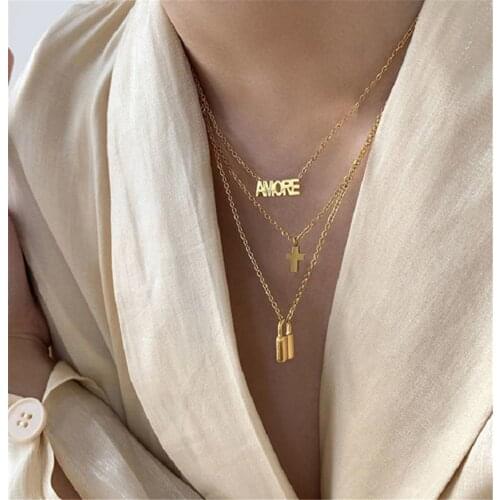 316L Stainless Steel Three-layered English Letter Lock Cross Necklace Cross Lock Pendant Necklace No Fade